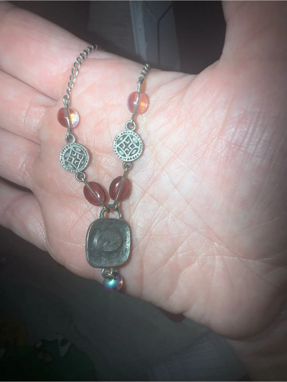 Robert Rose Silver-Tone Necklace with Pink and Iridescent Beads